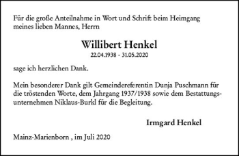 Traueranzeige von Willibert Henkel von vrm-trauer