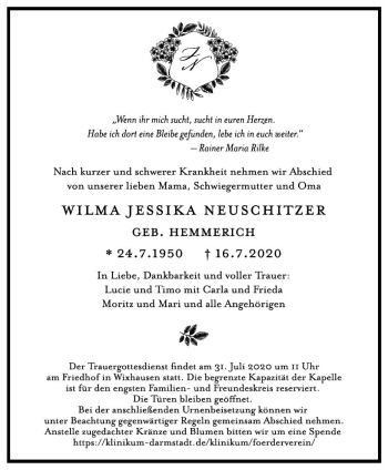 Traueranzeige von Wilma Jessika Neuschitzer von vrm-trauer