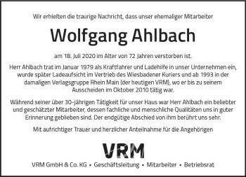 Traueranzeige von Wolfgang Ahlbach von vrm-trauer