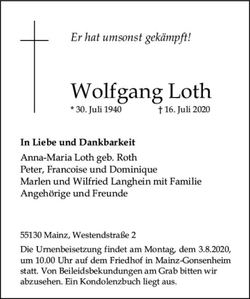 Traueranzeige von Wolfgang Loth von vrm-trauer