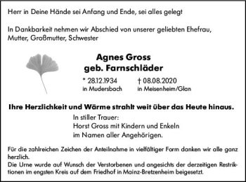 Traueranzeige von Agnes Gross von vrm-trauer