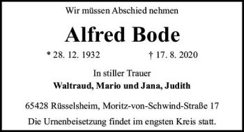 Traueranzeige von Alfred Bode von vrm-trauer