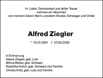 Traueranzeige von Alfred Ziegler von vrm-trauer