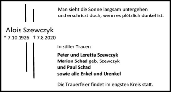 Traueranzeige von Alois Szewczyk von vrm-trauer