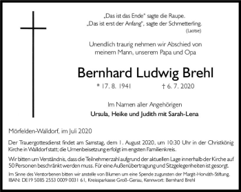 Traueranzeige von Bernhard Ludwig Brehl von vrm-trauer