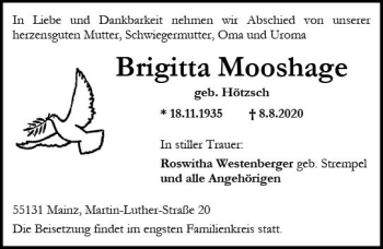 Traueranzeige von Brigitta Mooshage von vrm-trauer