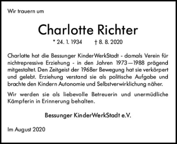 Traueranzeige von Charlotte Richter von vrm-trauer