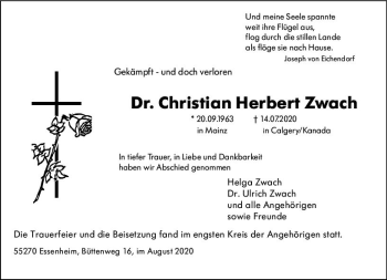 Traueranzeige von Christian Herbert Zwach von vrm-trauer
