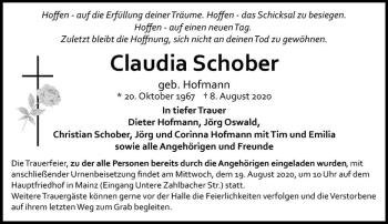 Traueranzeige von Claudia Schober von vrm-trauer