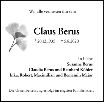 Traueranzeige von Claus Berus von vrm-trauer
