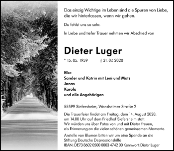 Traueranzeige von Dieter Luger von vrm-trauer