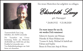 Traueranzeige von Elisabeth Lang von vrm-trauer
