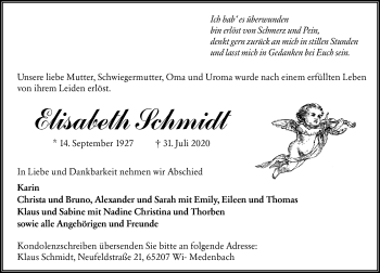 Traueranzeige von Elisabeth Schmidt von vrm-trauer