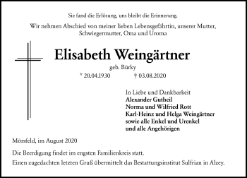 Traueranzeige von Elisabeth Weingärtner von vrm-trauer