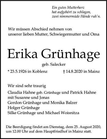 Traueranzeige von Erika Grünhage von vrm-trauer