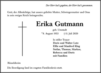 Traueranzeige von Erika Gutmann von vrm-trauer