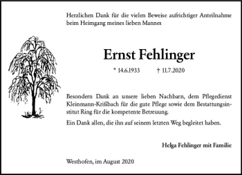 Traueranzeige von Ernst Fehlinger von vrm-trauer