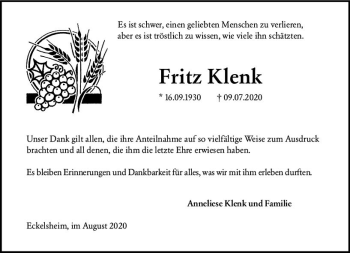 Traueranzeige von Fritz Klenk von vrm-trauer