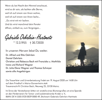 Traueranzeige von Gabriele Oehrlein-Hartmetz von vrm-trauer