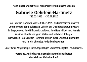 Traueranzeige von Gabriele Oehrlein-Hartmetz von vrm-trauer