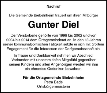 Traueranzeige von Gunter Diel von vrm-trauer