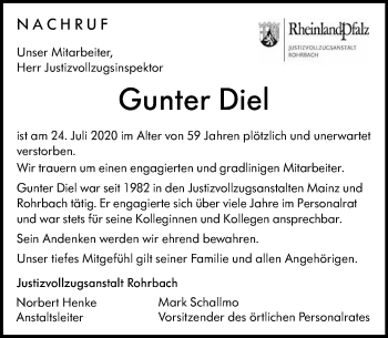 Traueranzeige von Gunter Diel von vrm-trauer