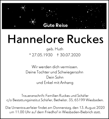 Traueranzeige von Hannelore Ruckes von vrm-trauer
