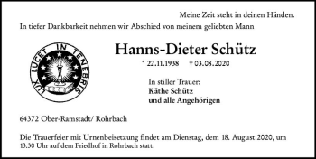 Traueranzeige von Hanns-Dieter Schütz von vrm-trauer