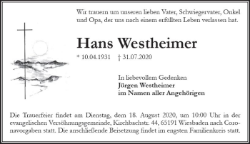 Traueranzeige von Hans Westheimer von vrm-trauer