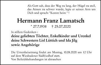 Traueranzeige von Hermann Franz Lamatsch von vrm-trauer