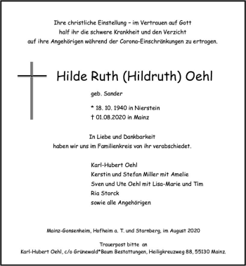 Traueranzeige von Hilde Ruth Oehl von vrm-trauer