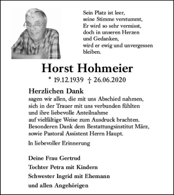 Traueranzeige von Horst Hohmeier von vrm-trauer