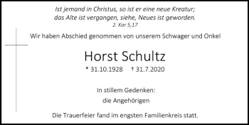Traueranzeige von Horst Schultz von vrm-trauer