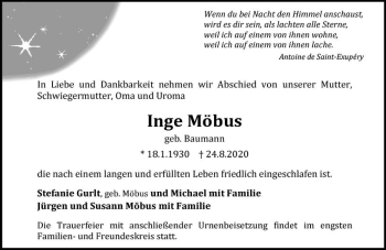 Traueranzeige von Inge Möbus von vrm-trauer