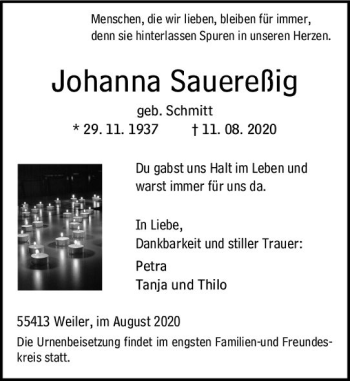 Traueranzeige von Johanna Sauereßig von vrm-trauer