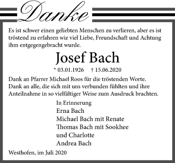 Traueranzeige von Josef Bach von vrm-trauer