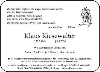 Traueranzeige von Klaus Kiesewalter von vrm-trauer