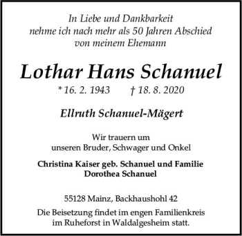 Traueranzeige von Lothar Hans Schanuel von vrm-trauer