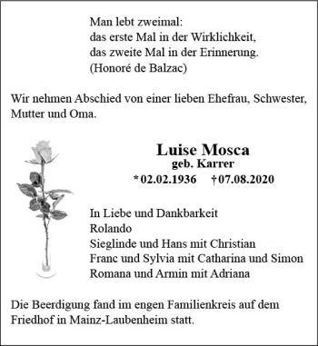 Traueranzeige von Luise Mosca von vrm-trauer
