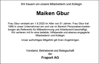 Traueranzeige von Maiken Gbur von vrm-trauer