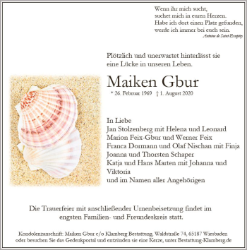 Traueranzeige von Maiken Gbur von vrm-trauer