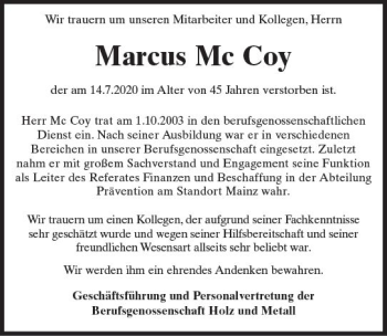 Traueranzeige von Marcus McCoy von vrm-trauer