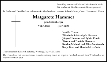 Traueranzeige von Margarete Hammer von vrm-trauer