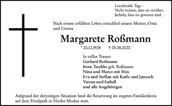 Traueranzeige von Margarete Roßmann von vrm-trauer