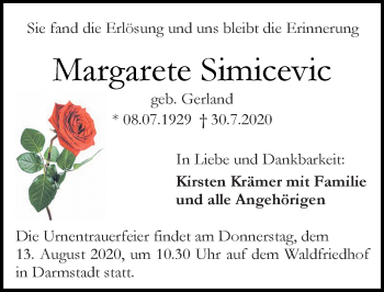 Traueranzeige von Margarete Simicevic von vrm-trauer