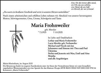 Traueranzeige von Maria Frohnweiler von vrm-trauer