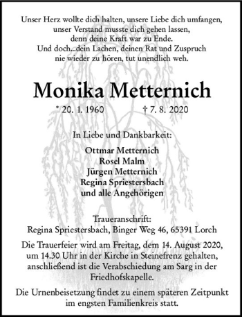 Traueranzeige von Monika Metternich von vrm-trauer