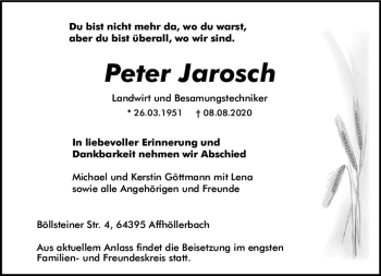 Traueranzeige von Peter Jarosch von vrm-trauer