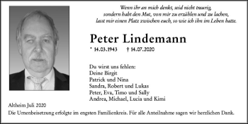 Traueranzeige von Peter Lindemann von vrm-trauer