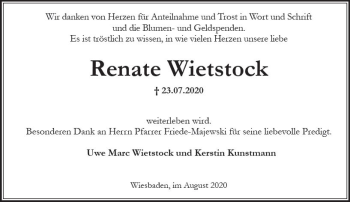 Traueranzeige von Renate Wietstock von vrm-trauer